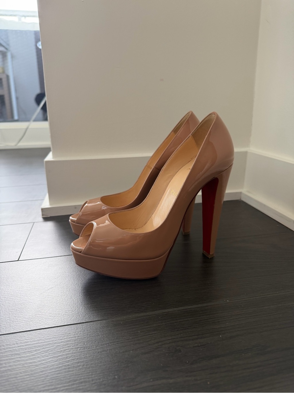 Christian Louboutin Nude Patent Peep-Toe Platform Pumps with Red Soles